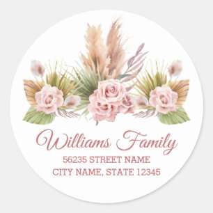 Sticker Rond Papier Aquarelle Bohème Herbe de Pampas Fleurs Ros