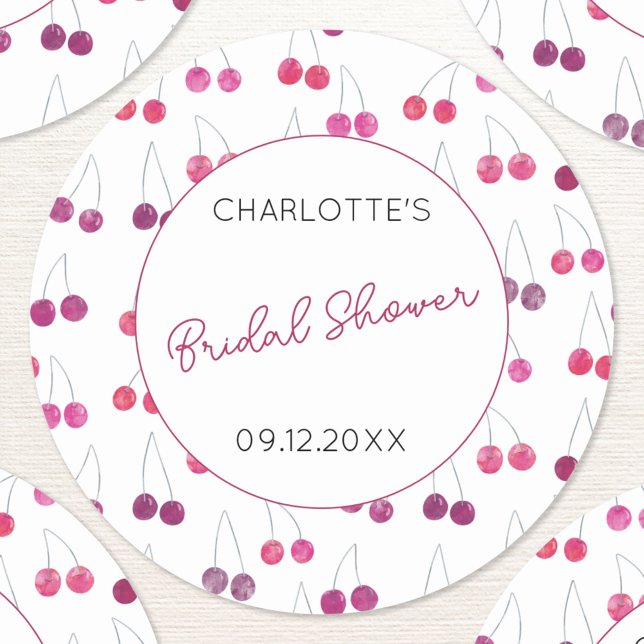 Sticker Rond Papier aquarelle mariage personnalisé Cerise (Personalized custom text date name bridal shower watercolor cherry sticker)