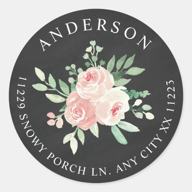 Sticker Rond Papier Ardoise Fleur Rose Blush adresse de retour (Devant)