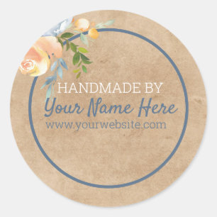 Sticker Rond Papier artisanal en papier kraft floral bleu et br