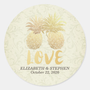 Sticker Rond Papier Damas en ananas mariage Merci or