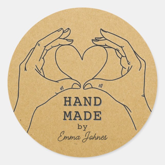 Sticker Rond Papier Kraft Fait Main Coeur Mains Artisanat Perso (Devant)