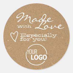 Sticker Rond Papier Kraft moderne fait avec coeur d'amour et lo