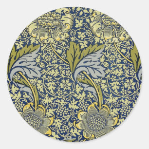 Sticker Rond Papier Peint Floral William Morris Kennet Bleu Or