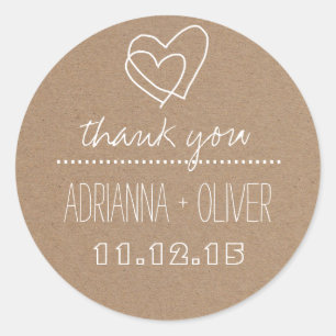 Sticker Rond Papier Rustique Kraft  Mariage de coeur Merci
