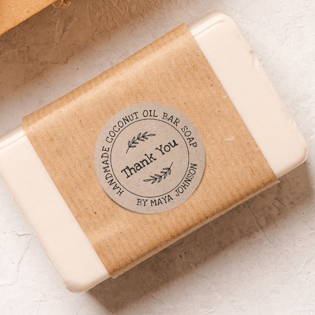 Sticker Rond Papier Rustique Kraft Merci artisanal (Rustic Kraft Paper Handmade Thank You Classic Round Sticker)