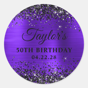 Sticker Rond Papier Violet Pailleté Noir pour 50e Anniversaire