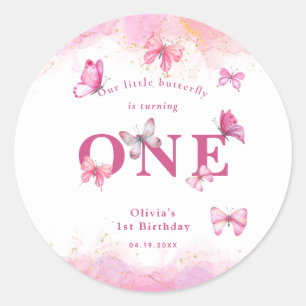 Sticker Rond Papillon 1er anniversaire bébé fille rose or pouss