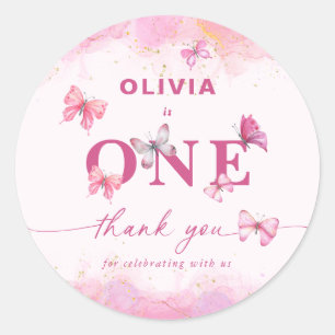 Sticker Rond Papillon 1er anniversaire Pink Gold Dust Merci