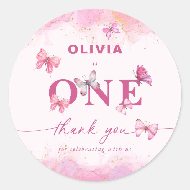 Sticker Rond Papillon 1er anniversaire Pink Gold Dust Merci (Devant)