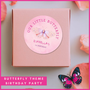 Sticker Rond Papillon 1er anniversaire Thème Pink Watercolor Pa