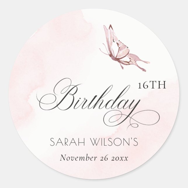 Sticker Rond Papillon Aquarelle Rose Bleu N'importe quel âge An (Devant)