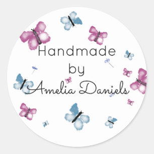 Sticker Rond Papillon Aquarelle rose et bleu fabriqué à la main