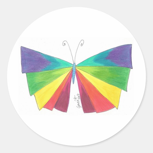 Sticker Rond Papillon arc-en-ciel (Devant)
