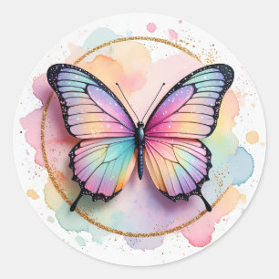 Sticker Rond Papillon Arc-en-ciel Pastel dans un Cercle Éclabou