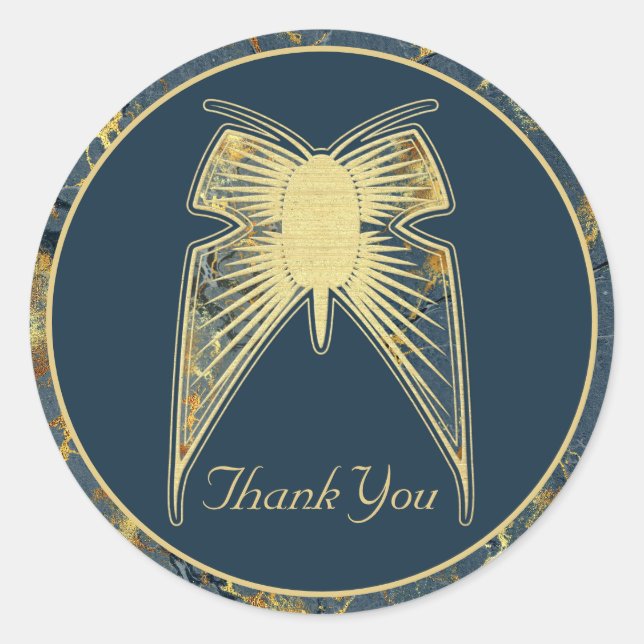 Sticker Rond Papillon Art déco "Merci" Marbre bleu or (Devant)
