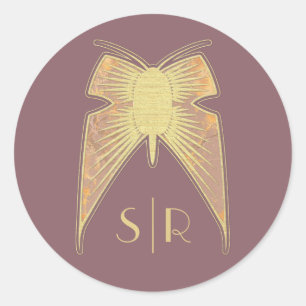 Sticker Rond Papillon Art déco Monogramme Or rose