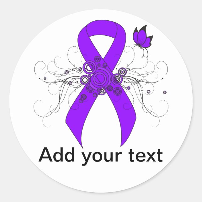 Sticker Rond Papillon au ruban violet, lymphome de Hodgkin (Devant)