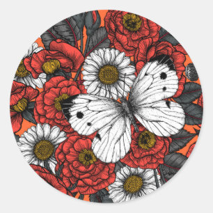 Sticker Rond Papillon blanc et rose