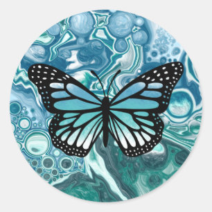 Sticker Rond Papillon bleu et turquoise