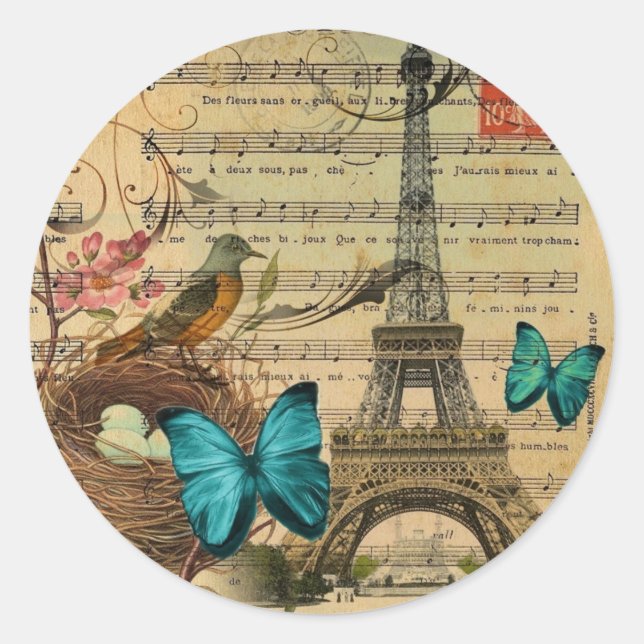 Sticker Rond Papillon bleu Robin nid d'oiseau Paris Tour Eiffel (Devant)