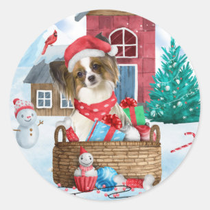 Sticker Rond Papillon Chien Dans Maison de Noël enneigée