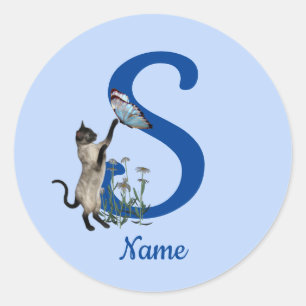 Sticker Rond Papillon de chat siamois monogramme initiale S nom