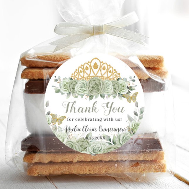 Sticker Rond Papillon de la Couronne d'or floral de Quinceañera (Créateur téléchargé)