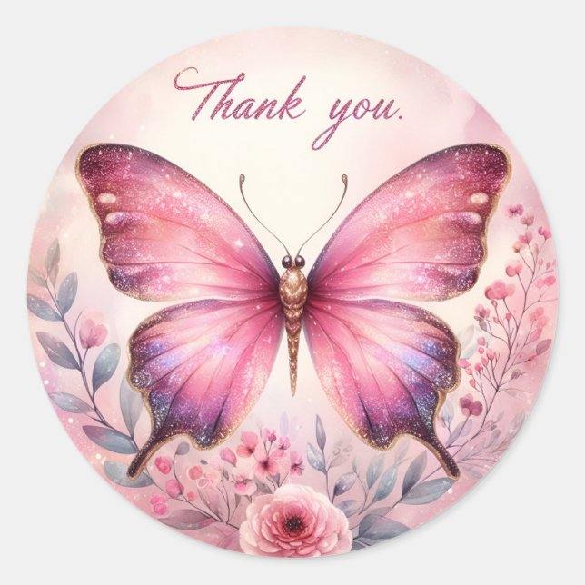 Sticker Rond Papillon de Parties scintillant en or rose Pastel  (Devant)
