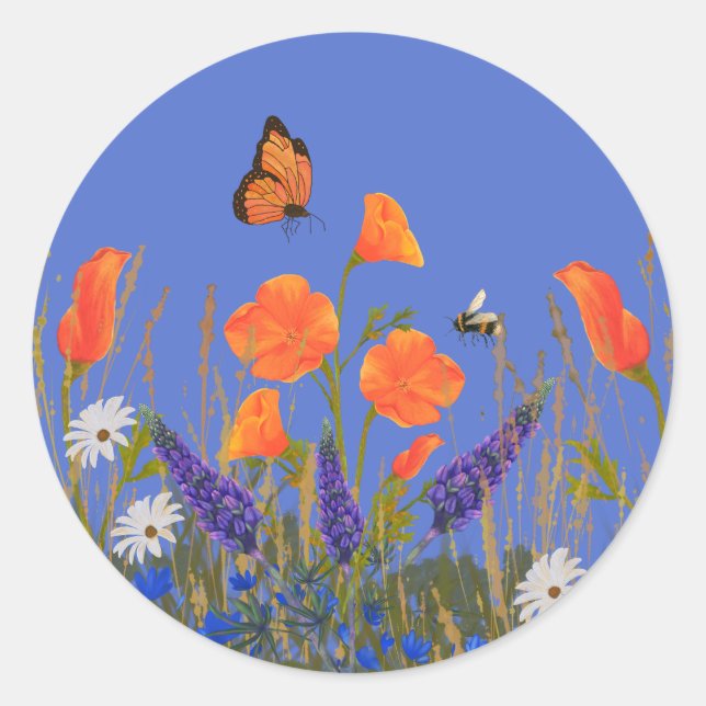 Sticker Rond Papillon de prairie fleur sauvage (Devant)