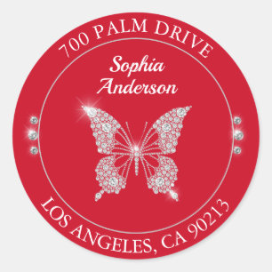Sticker Rond Papillon Diamant, Adresse de Retour Rouge