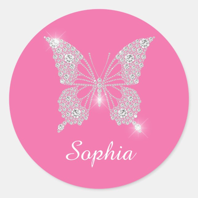 Sticker Rond Papillon Diamant Blanc, Nom du script, Rose (Devant)