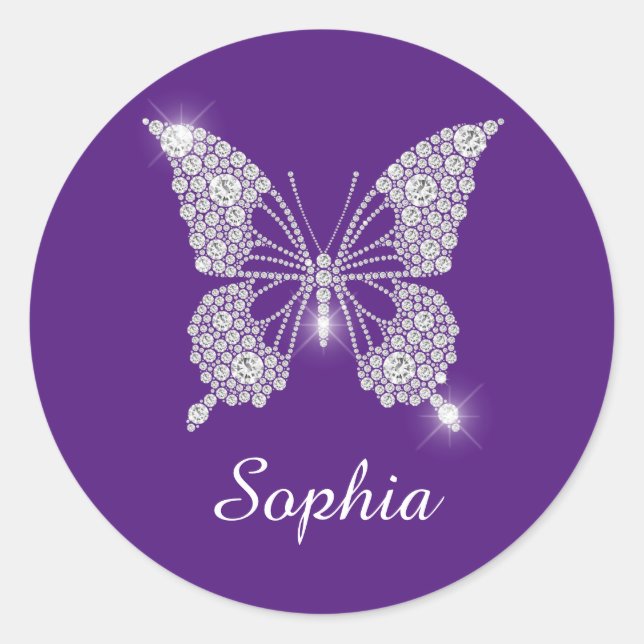 Sticker Rond Papillon Diamant Blanc, Nom du script, Royal Purpl (Devant)