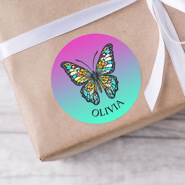 Sticker Rond Papillon en verre coloré personnalisé (Créateur téléchargé)
