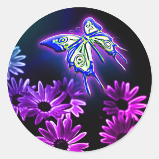 Sticker Rond Papillon et marguerite pourpres mignons