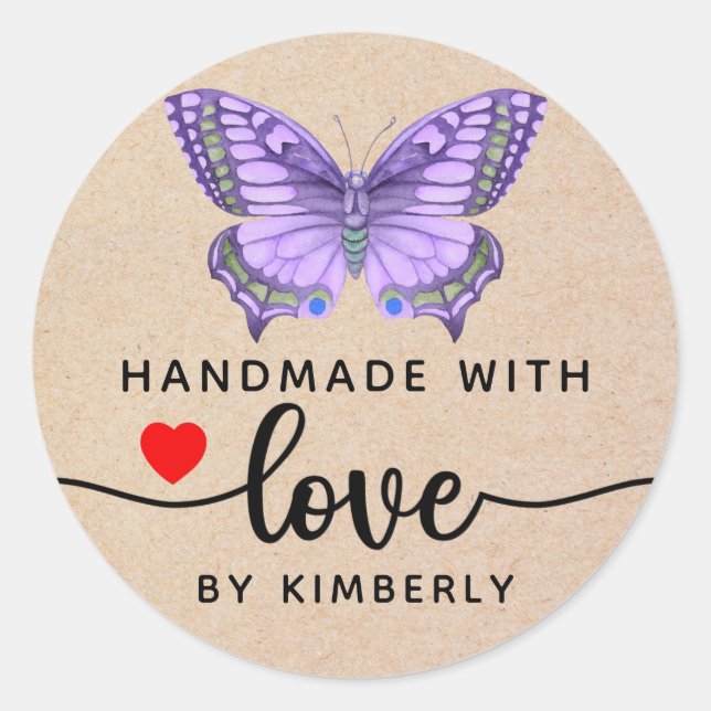 Sticker Rond Papillon fait main avec amour (Devant)
