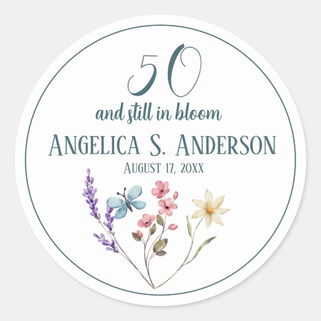 Sticker Rond Papillon Fleur sauvage féminin en aquarelle (Devant)