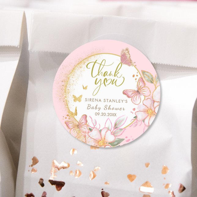 Sticker Rond Papillon & Fleurs Parties scintillant rose Baby sh (Créateur téléchargé)