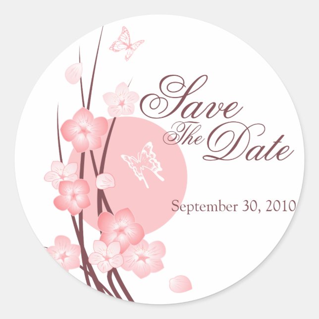 Sticker Rond Papillon Fleurs Roses Enregistrer La Date Annonce (Devant)