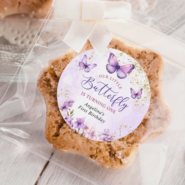 Sticker Rond Papillon floral pourpre et or 1er anniversaire (Créateur téléchargé)