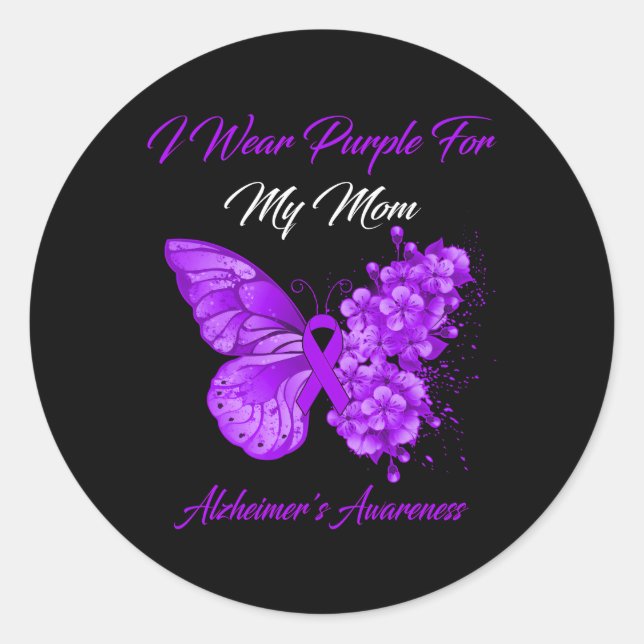 Sticker Rond Papillon Je Porte Violet Pour Ma Mère Alzheimer Aw (Devant)