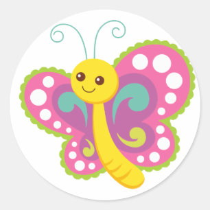 Sticker Rond Papillon mignon de bande dessinée, rose, jaune,