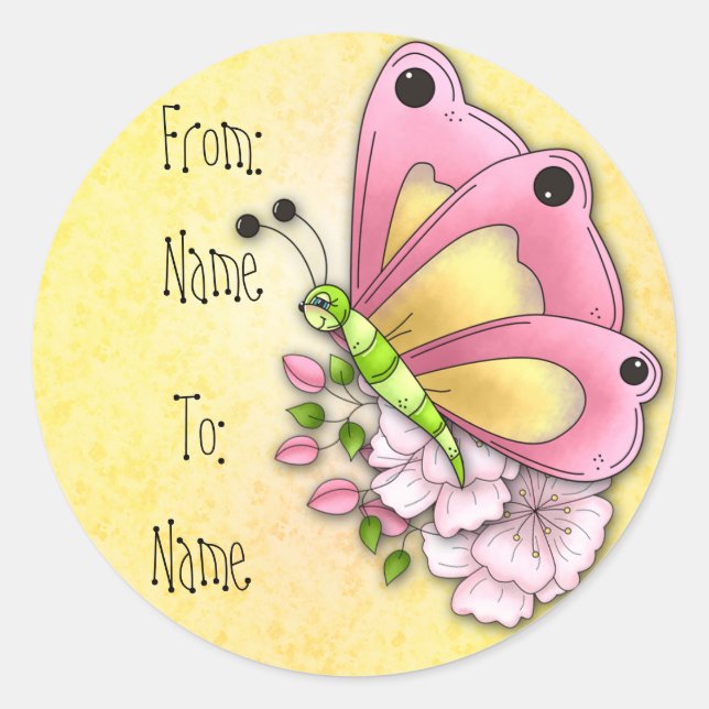 Sticker Rond Papillon mignon et fleurs (Devant)