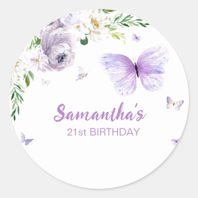Sticker Rond Papillon or et violet floral 21ème  (Devant)
