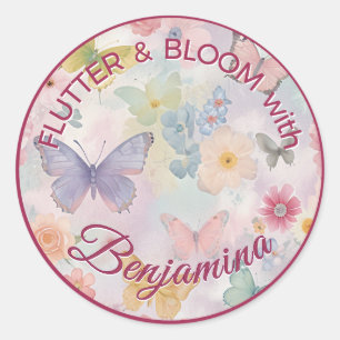 Sticker Rond Papillon Pastel Fleur Rose Violet Fille de Fête