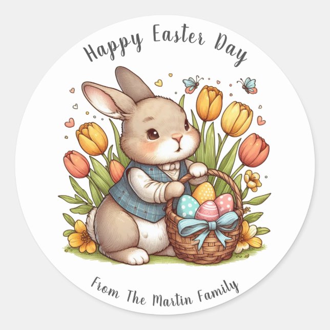 Sticker Rond Papillon, Pavot, Lapin Joyeux Jour de Pâques (Devant)