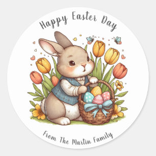 Sticker Rond Papillon, Pavot, Lapin Joyeux Jour de Pâques
