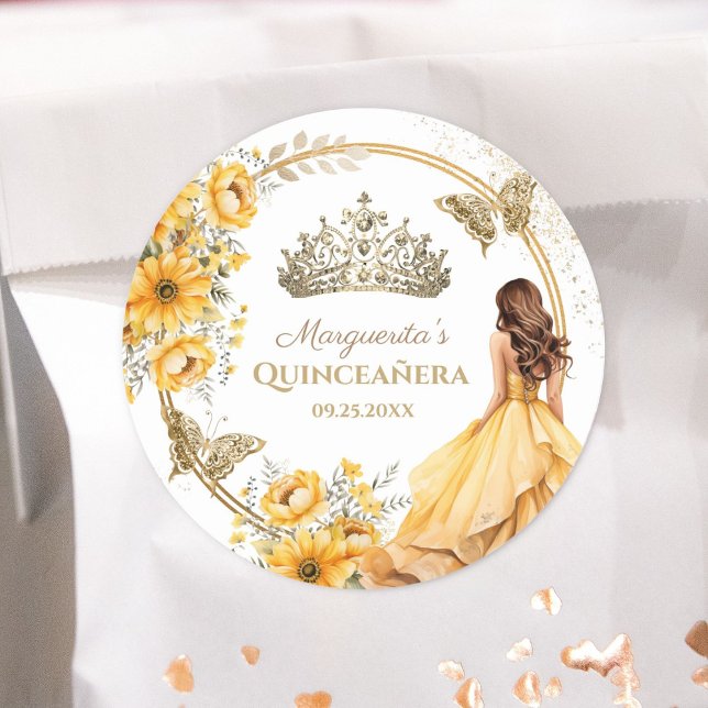 Sticker Rond Papillon quinceañera jaune Floral or Tiara (Créateur téléchargé)