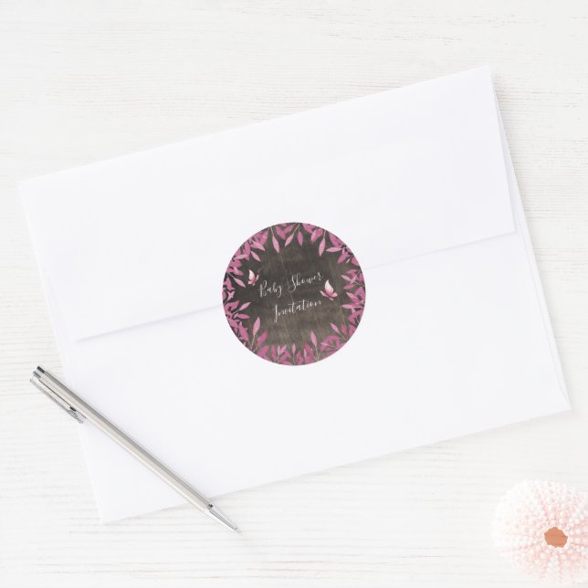Sticker Rond Papillon rose aquarelle rustique babyshower (Enveloppe)
