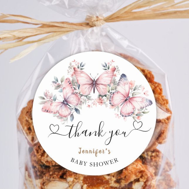 Sticker Rond Papillon rose Baby shower à thème Favoriser Classi (Créateur téléchargé)